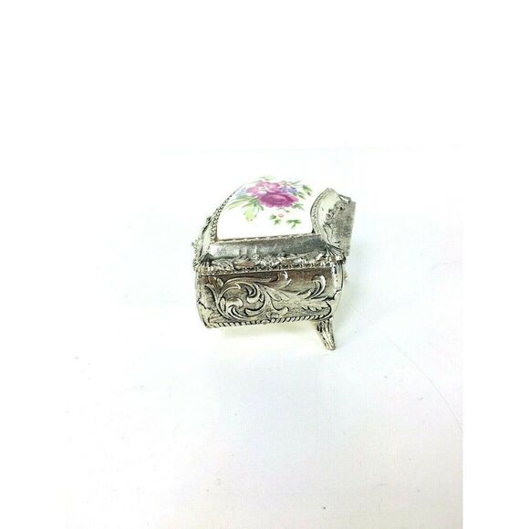 Vintage Silver and Porcelain Hand Painted Velvet Lined Jewelry Box Made Japan - Picture 5 of 12